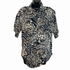 VTG ANIMAL PRINT BLOUSE 80s 90s LEOPARD RETRO JUNGLE RAYON BY RISKY BUSINESS M